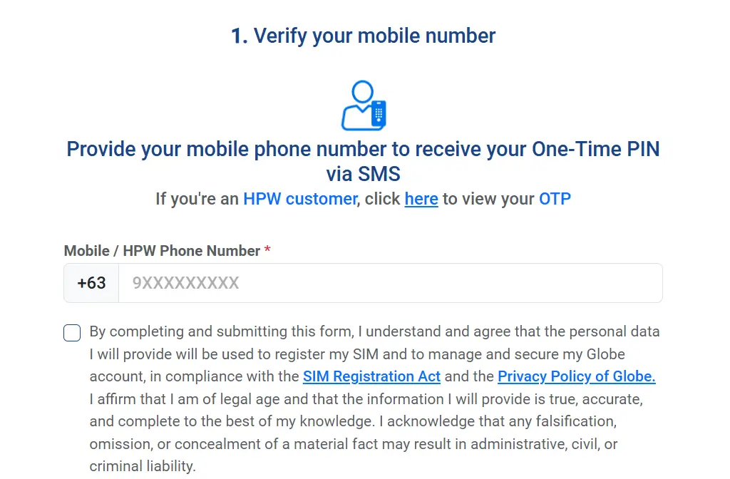 check through globe sim portal